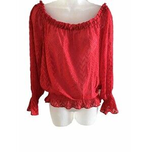 XOXO Blouse Womens Size Medium Red Sheer Peasant Bojo Long Sleeve Off-Shoulder